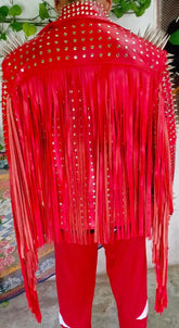 Women Handmade Silver Studded Red Fringed Leather Jacket, Customize Biker's Fashion, WWF Wrestlers Outfit, Brando Personalized Jacket,